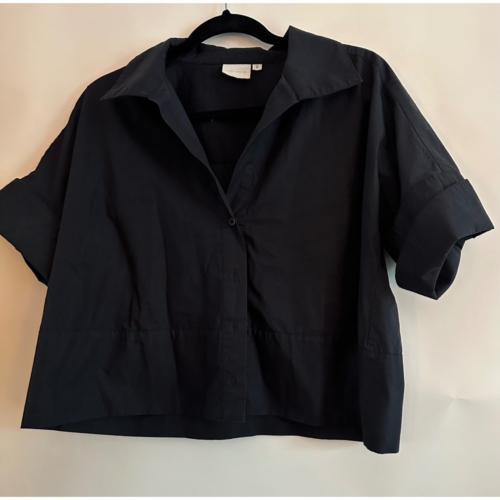 Julia Amory Antibes Black Cotton Cropped Boxy Short Sleeve Button Down Shirt S